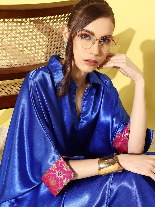 InWeave Women's Blue Pink Brocade Satin Boho Kurta Palazzo Set