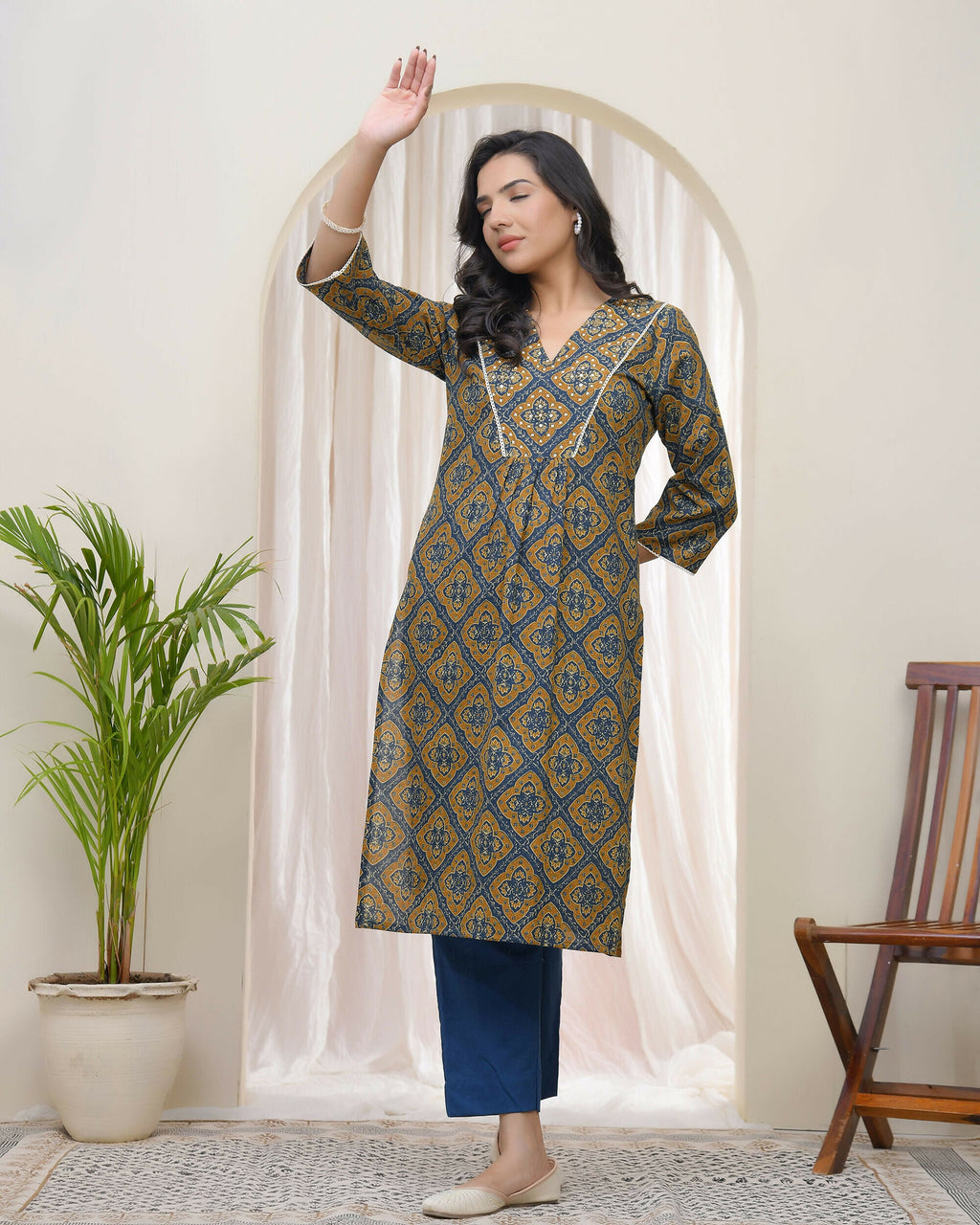 Vaasva Blue Ajrakh Cotton Printed Gathered Kurti With Pant