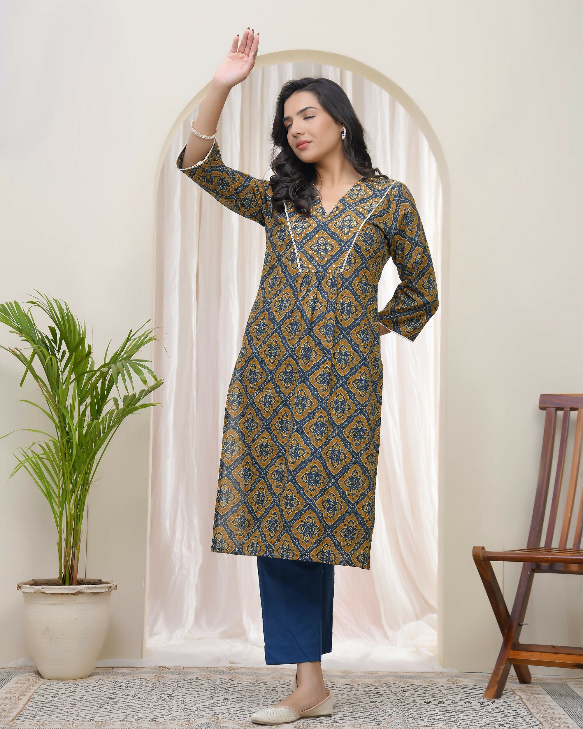 Vaasva Blue Ajrakh Cotton Printed Gathered Kurti With Pant