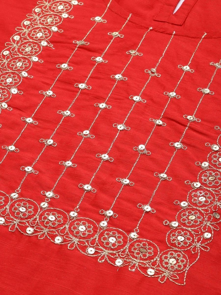All About You Women Red Woven Design Kurta with Trousers
