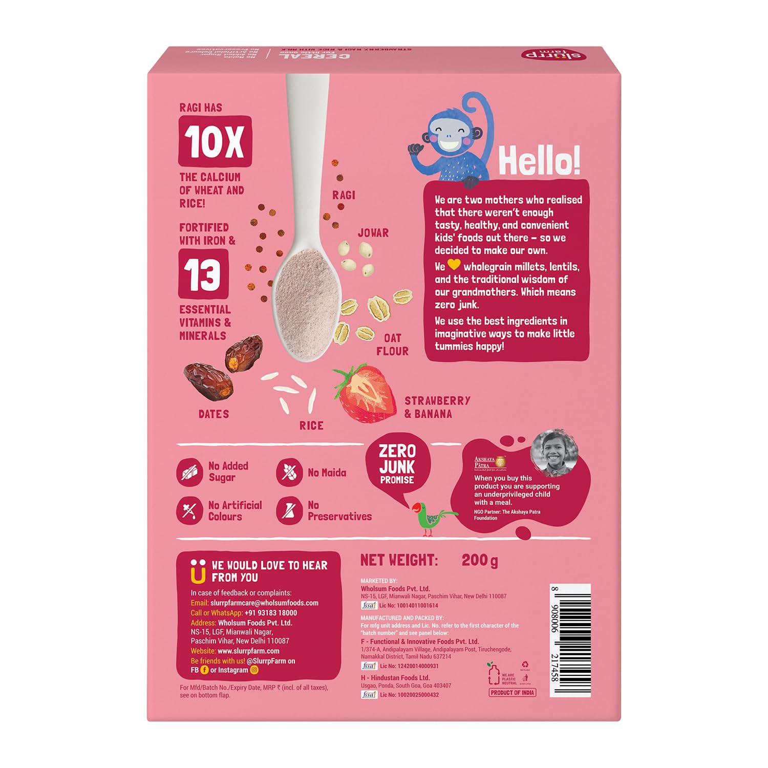 Slurrp Farm Instant Cereal With Ragi, Rice & Strawberry with Milk