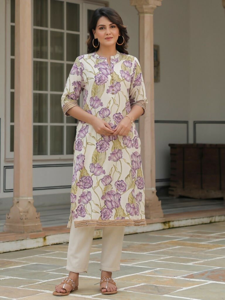Aramya Straight Linen Cotton Floral Print Women's Kurta - Off White