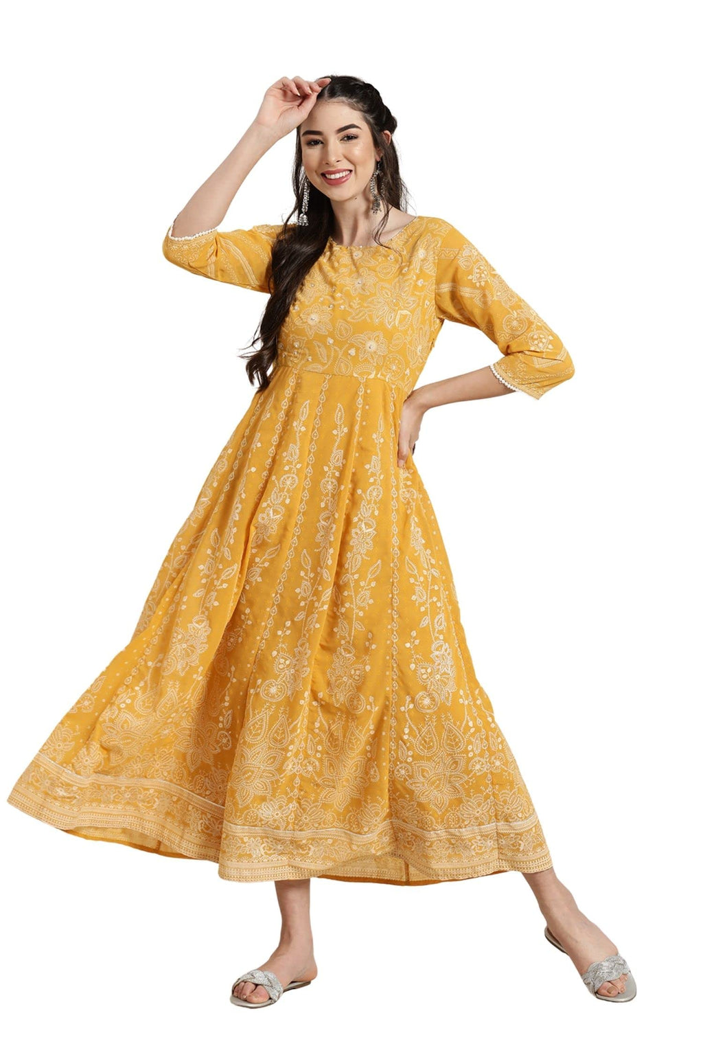Juniper Women's Yellow Floral Printed Georgette Maxi Dress With Beads Kantha Work & Sequins At Neckline