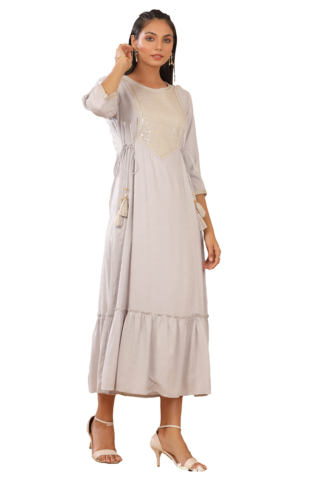 Juniper Women's Grey Zari Embroidered Rayon Dobby Maxi Dress