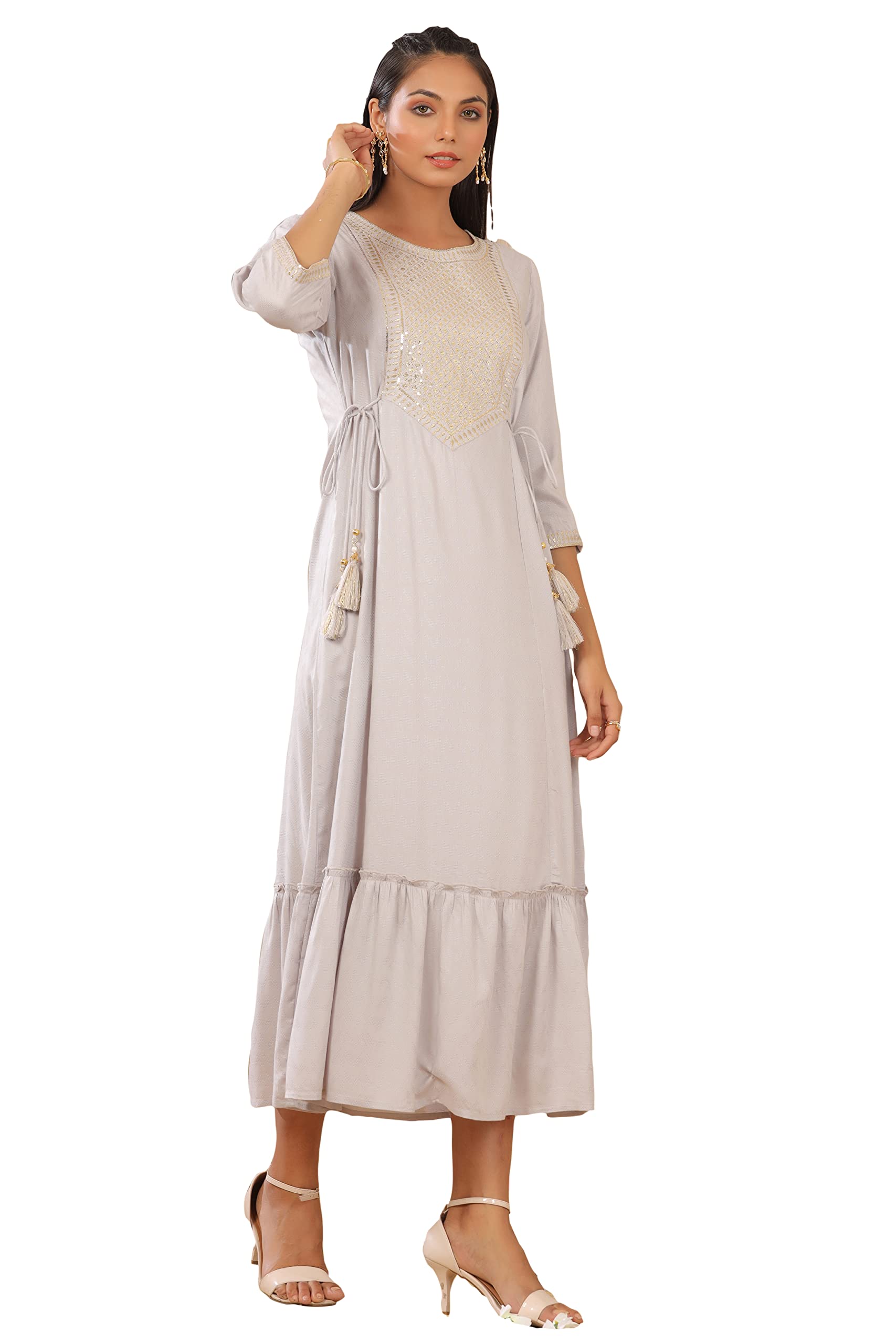 Juniper Women's Grey Zari Embroidered Rayon Dobby Maxi Dress