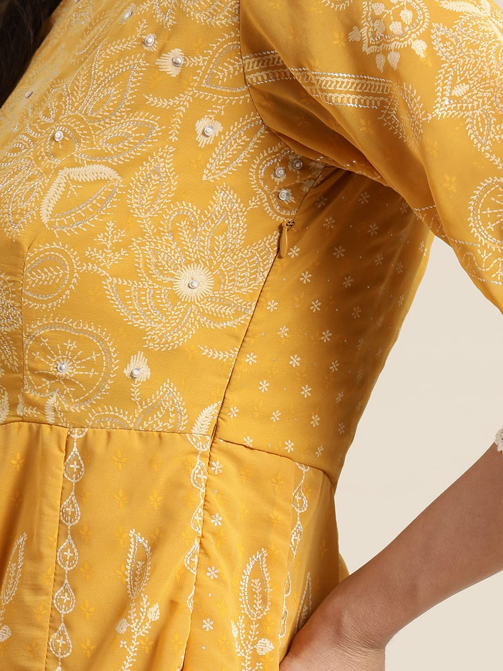 Juniper Women's Yellow Floral Printed Georgette Maxi Dress With Beads Kantha Work & Sequins At Neckline