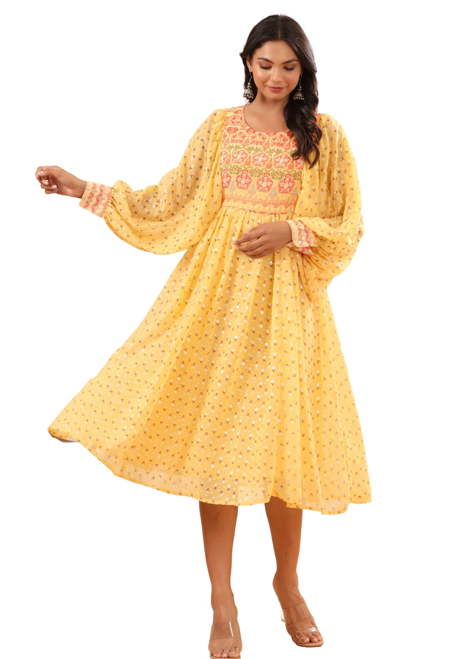 Juniper Women's Yellow Ethnic Motif Printed Georgette Midi Dress With Sequins Work