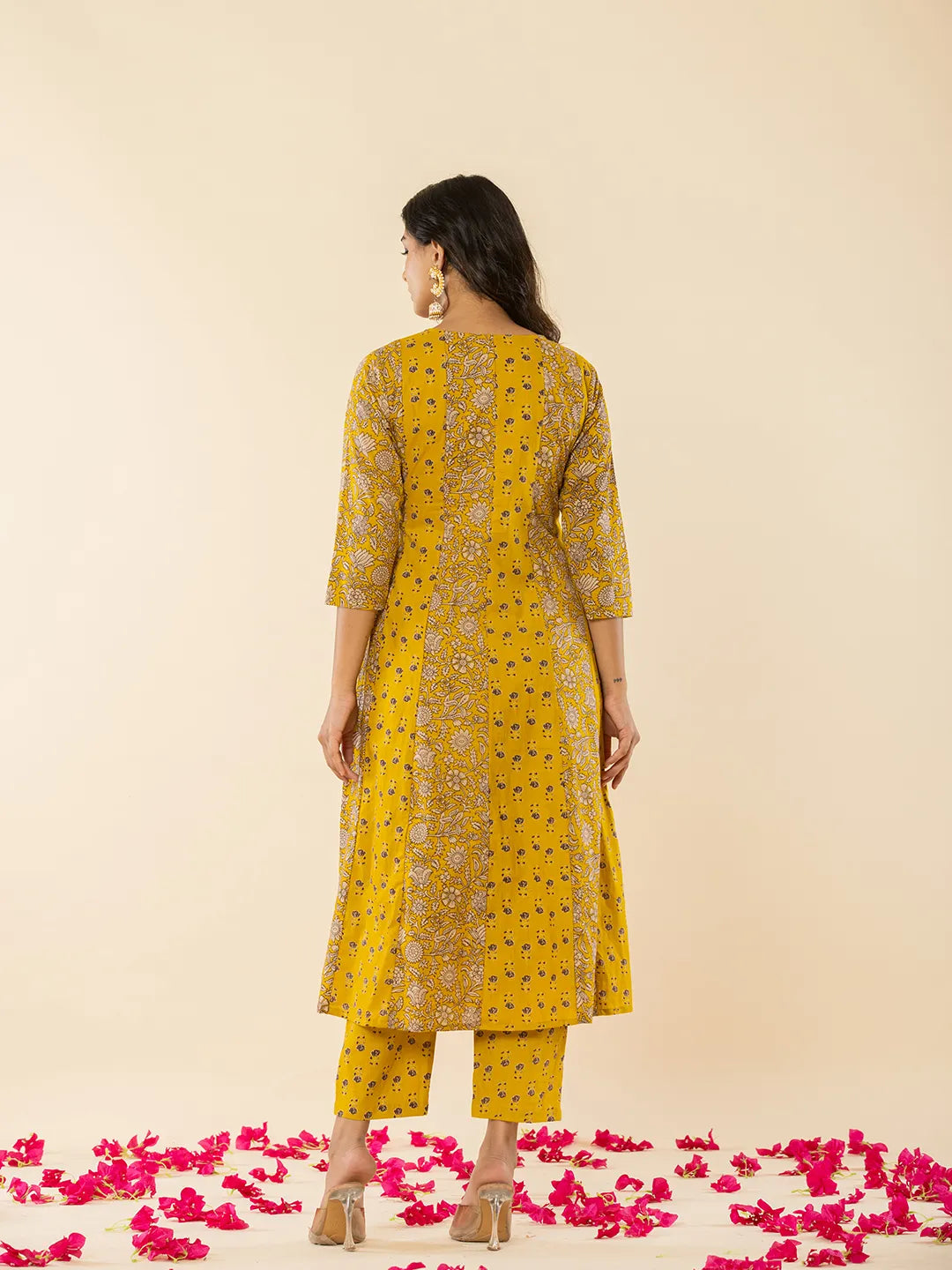 Yufta Mustard Cotton Embroidered Anarkali Kurta Dupatta Set