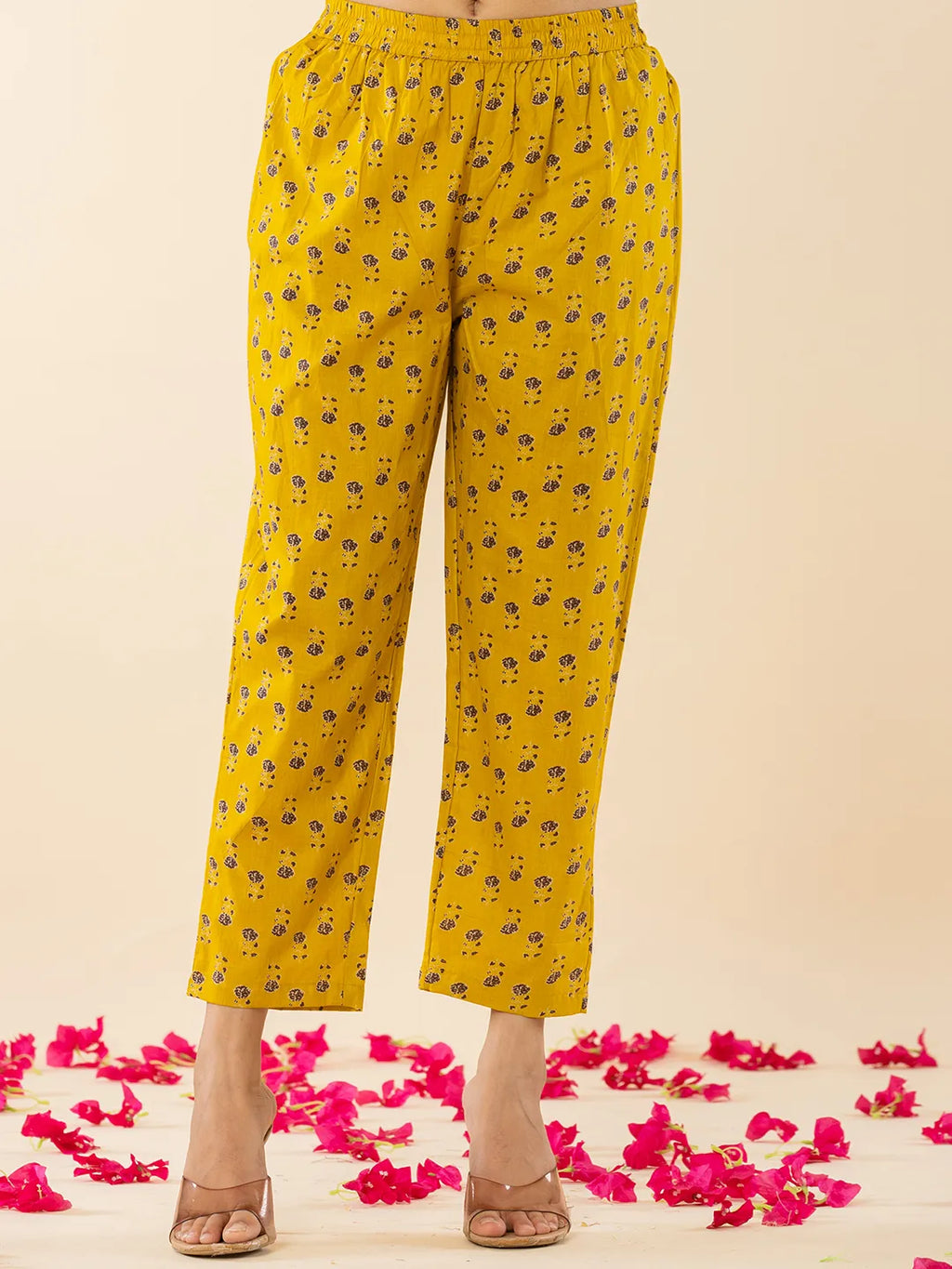 Yufta Mustard Cotton Embroidered Anarkali Kurta Dupatta Set