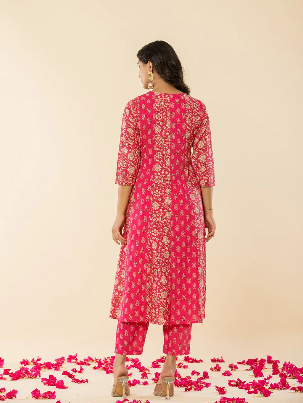 Yufta Pink Cotton Embroidered Anarkali Kurta Dupatta Set