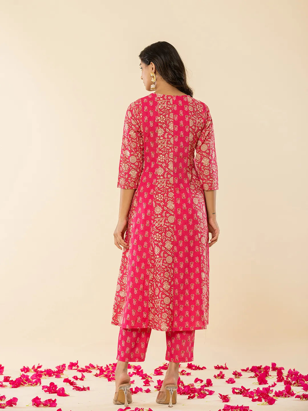Yufta Pink Cotton Embroidered Anarkali Kurta Dupatta Set