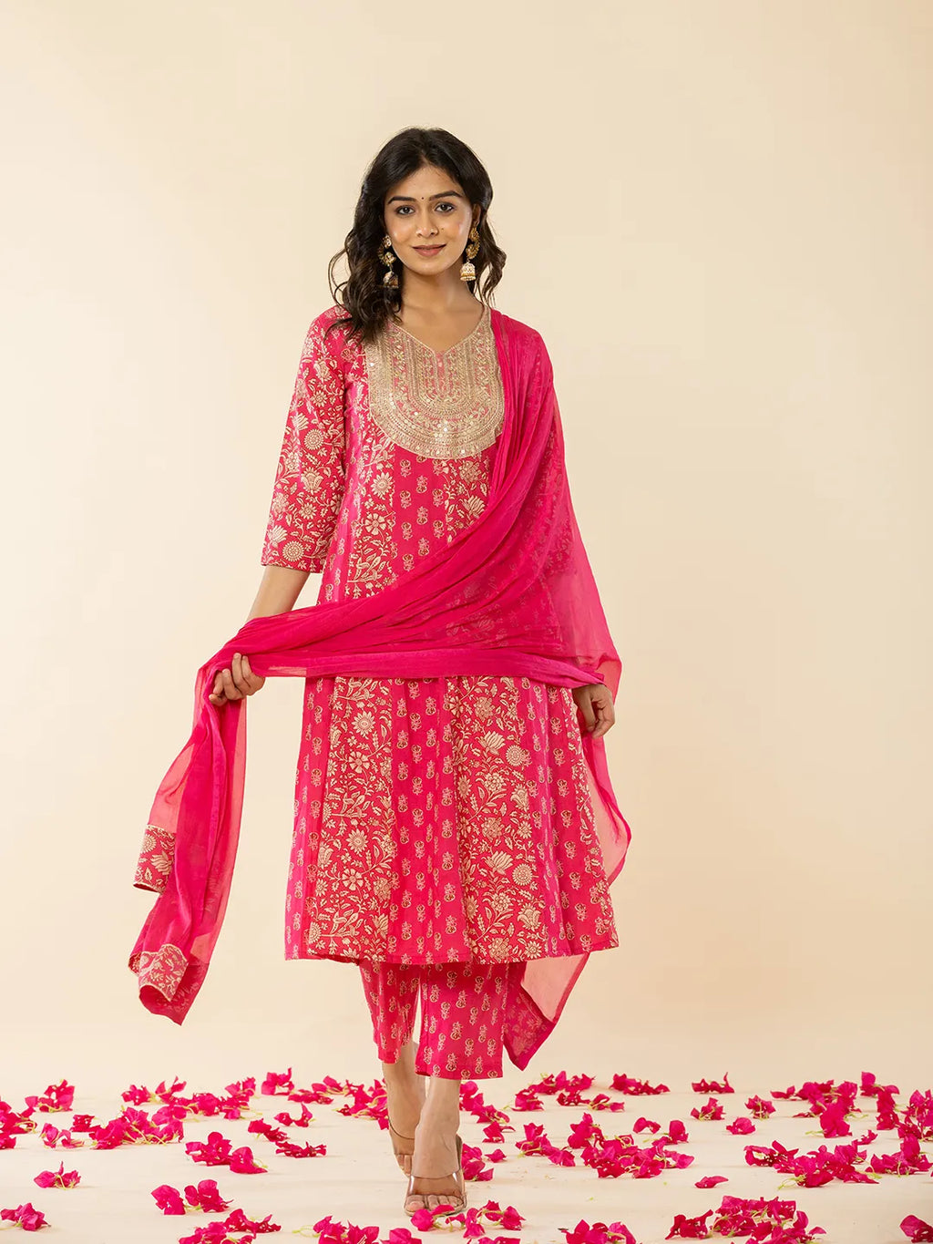 Yufta Pink Cotton Embroidered Anarkali Kurta Dupatta Set
