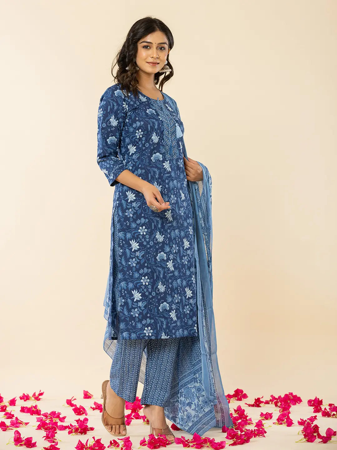 Yufta Blue Cotton Sequins_Work Straight Kurta Dupatta Set