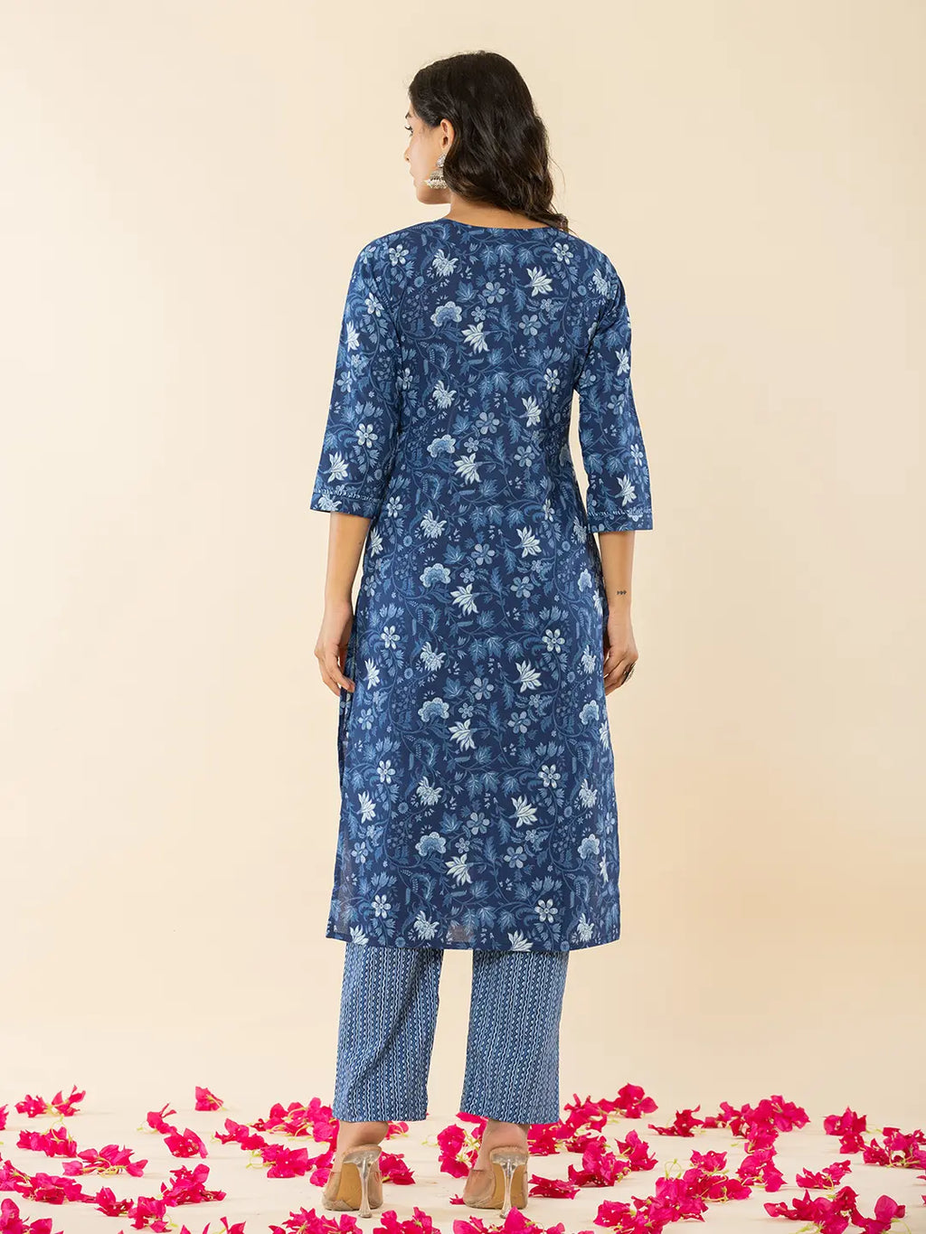Yufta Blue Cotton Sequins_Work Straight Kurta Dupatta Set