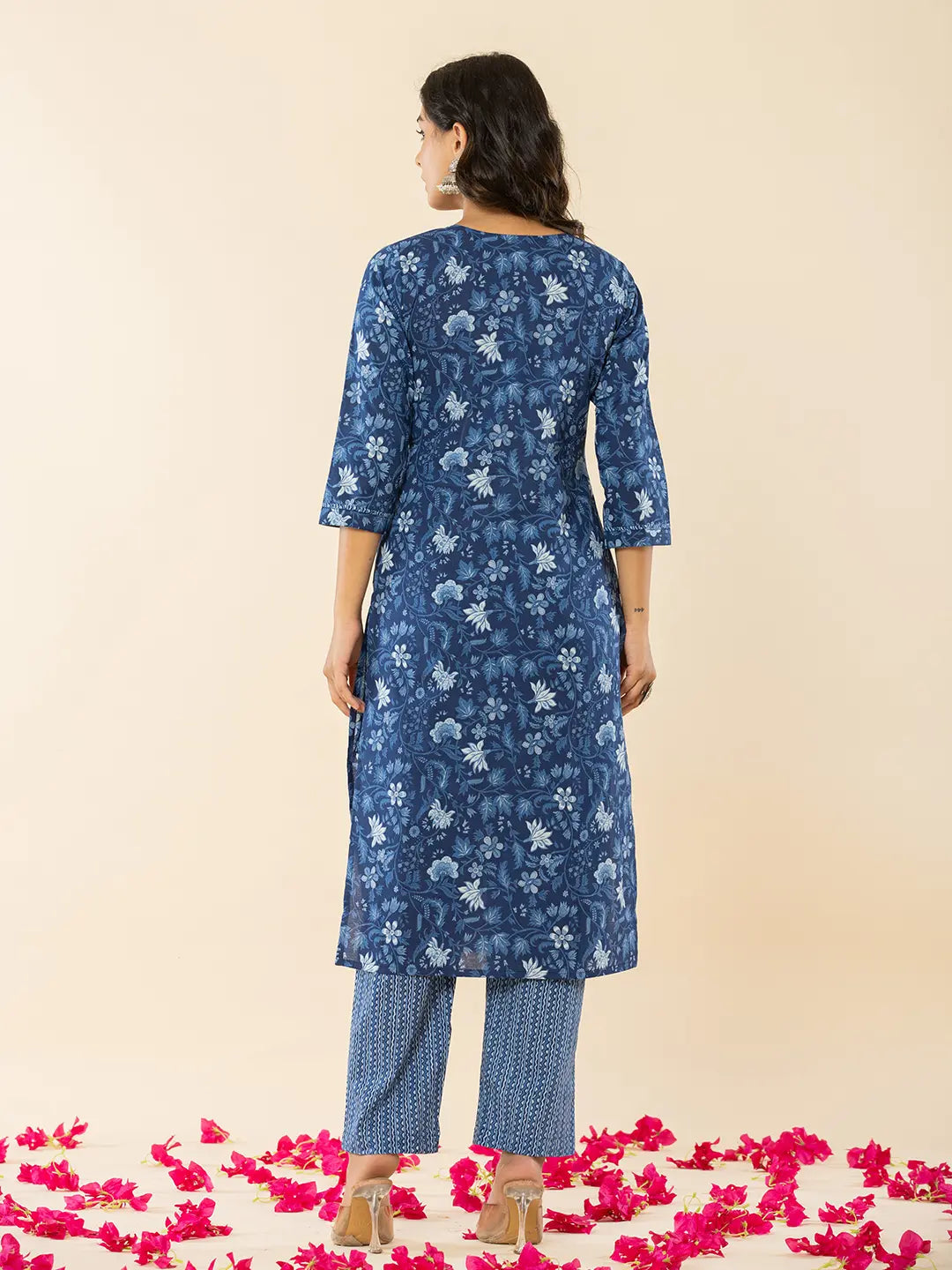 Yufta Blue Cotton Sequins_Work Straight Kurta Dupatta Set