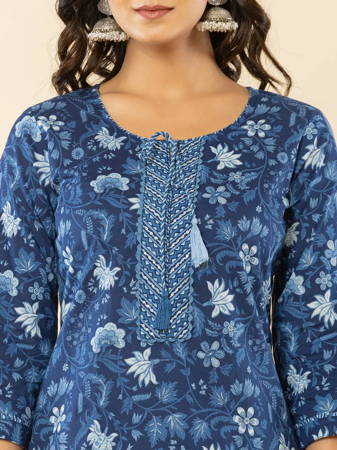Yufta Blue Cotton Sequins_Work Straight Kurta Dupatta Set