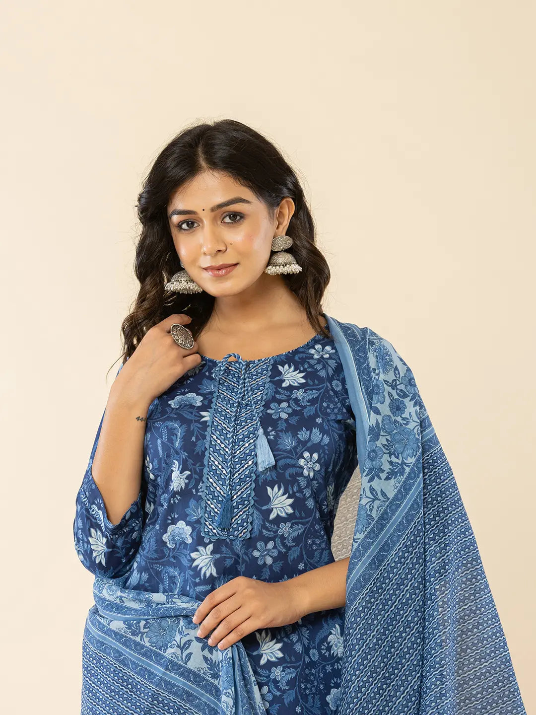 Yufta Blue Cotton Sequins_Work Straight Kurta Dupatta Set