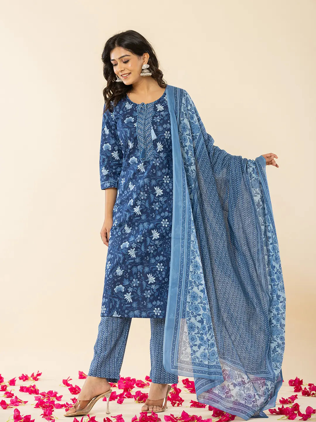 Yufta Blue Cotton Sequins_Work Straight Kurta Dupatta Set