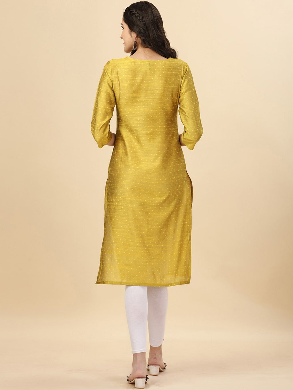 HERE&NOW Yellow Woven Design Mirror Work Straight Kurta