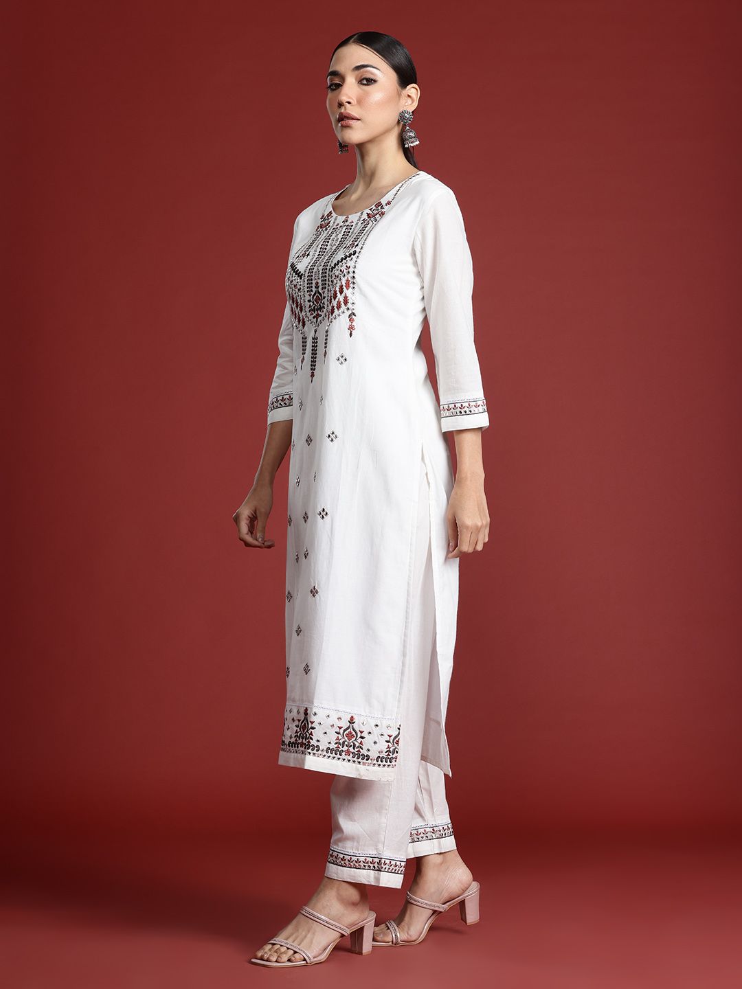 Indo Era Floral Embroidered Thread Work Pure Cotton Kurta with Trousers & With Dupatta
