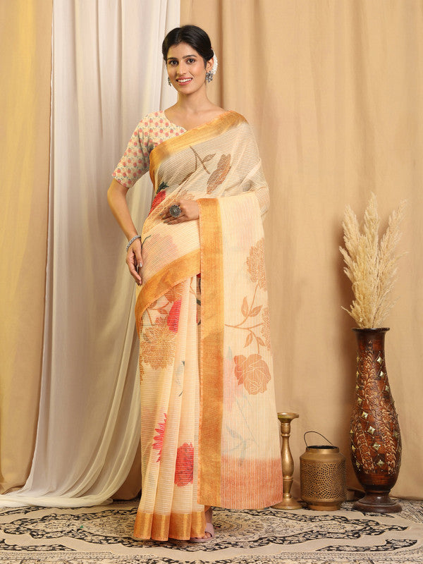 Shivam Fabrics Beige Chanderi Fabric Printed Saree