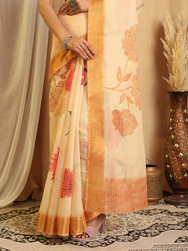 Shivam Fabrics Beige Chanderi Fabric Printed Saree