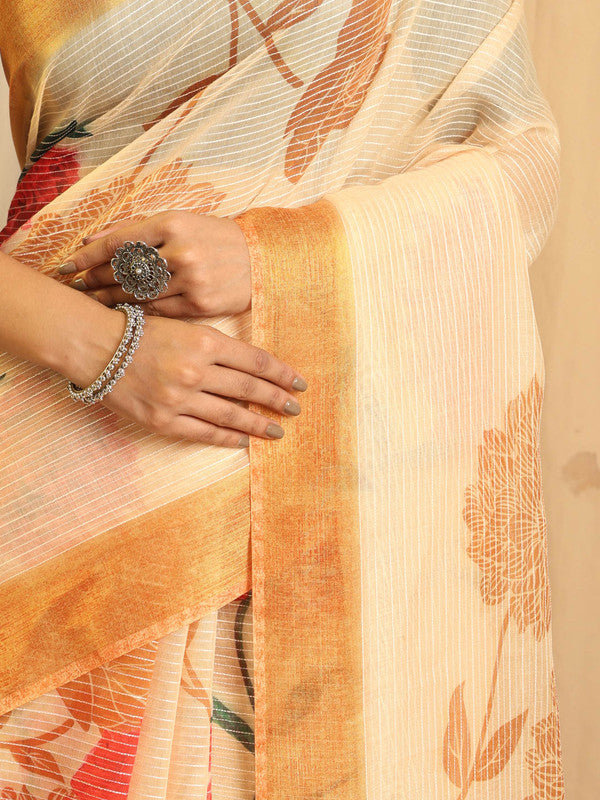 Shivam Fabrics Beige Chanderi Fabric Printed Saree
