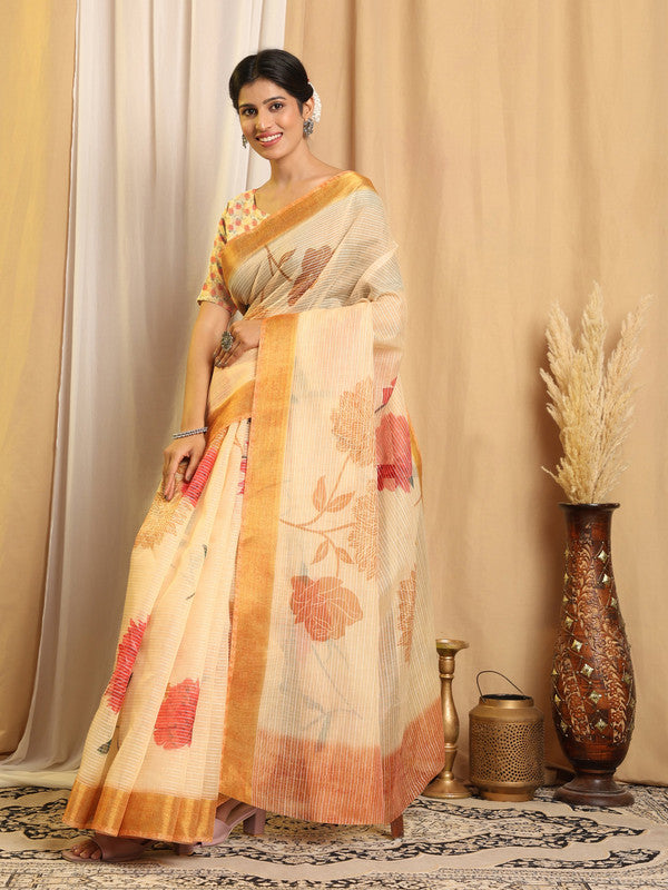 Shivam Fabrics Beige Chanderi Fabric Printed Saree