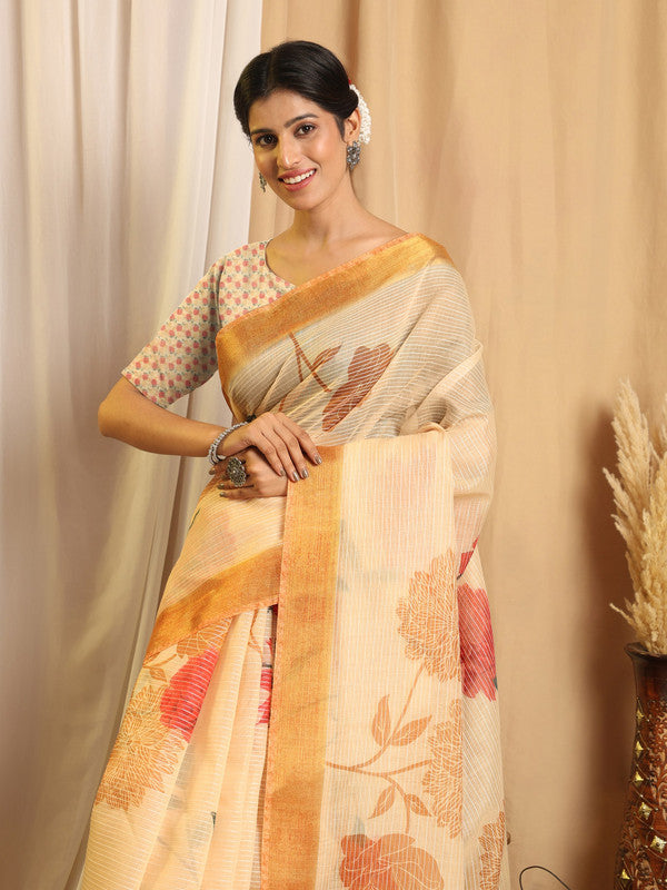 Shivam Fabrics Beige Chanderi Fabric Printed Saree