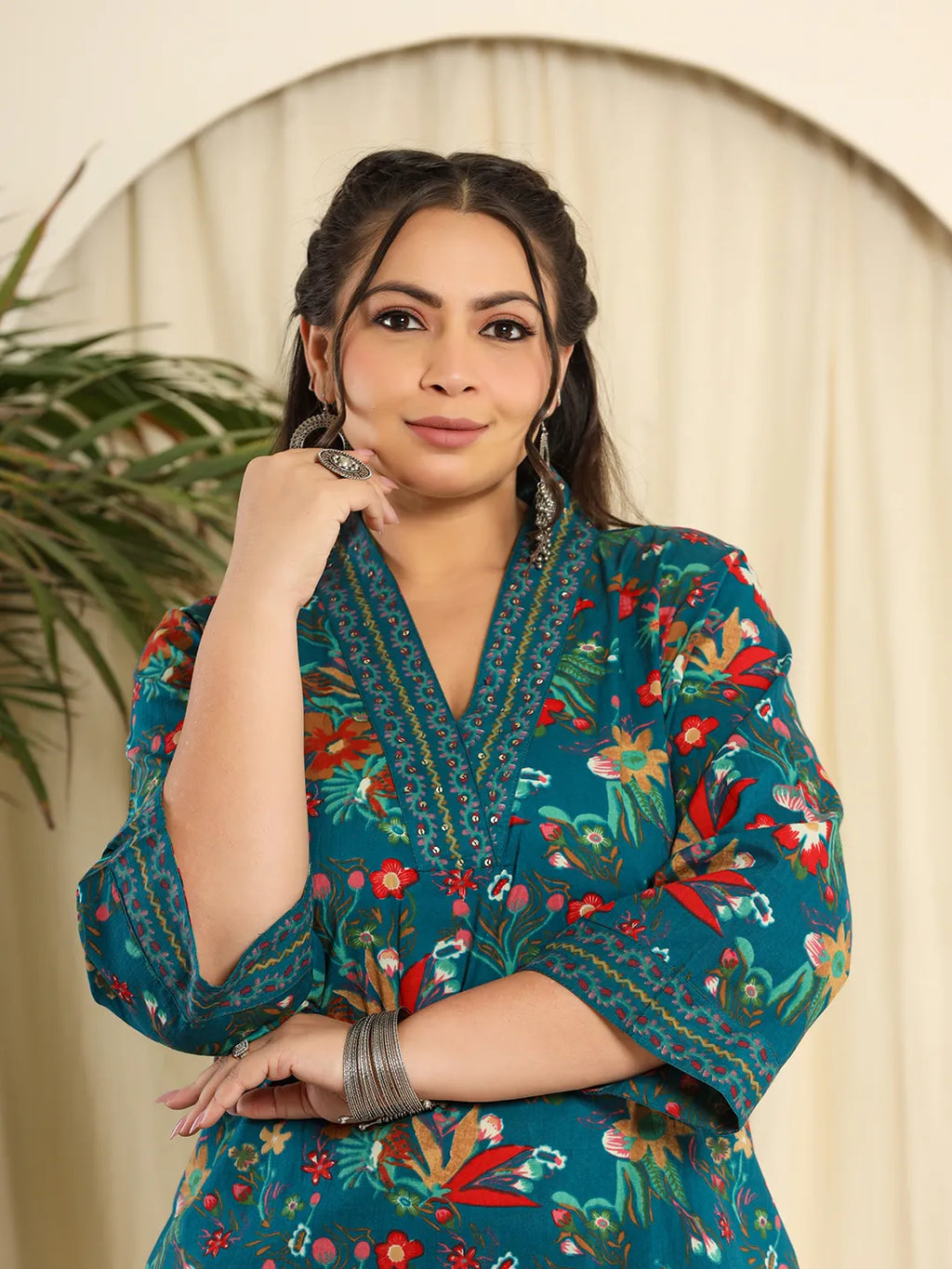 Yufta Navy Blue Pure Cotton Sequins_Work Kurta Dupatta Pant Set With Handwork