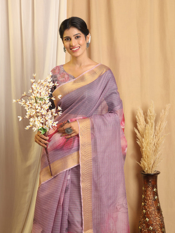 Shivam Fabrics Purple Chanderi Fabric Printed Saree