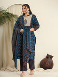 Yufta Navy Blue Pure Cotton Kantha Work Kurta Dupatta Pant Set With Handblock Yoke