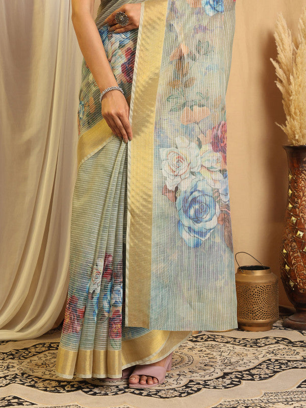 Shivam Fabrics Sea Green Chanderi Fabric Printed Saree