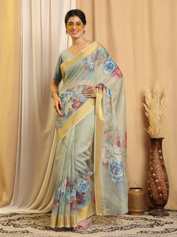 Shivam Fabrics Sea Green Chanderi Fabric Printed Saree