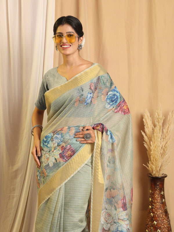 Shivam Fabrics Sea Green Chanderi Fabric Printed Saree