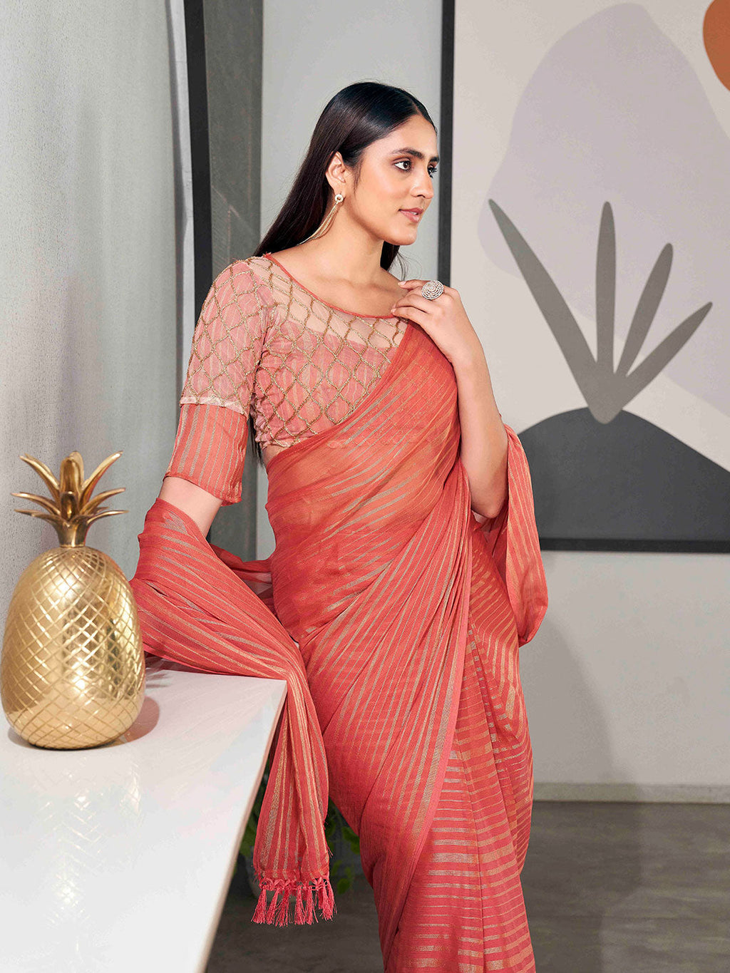 Tikhi Imli Striped Chiffon Ready to Wear Saree