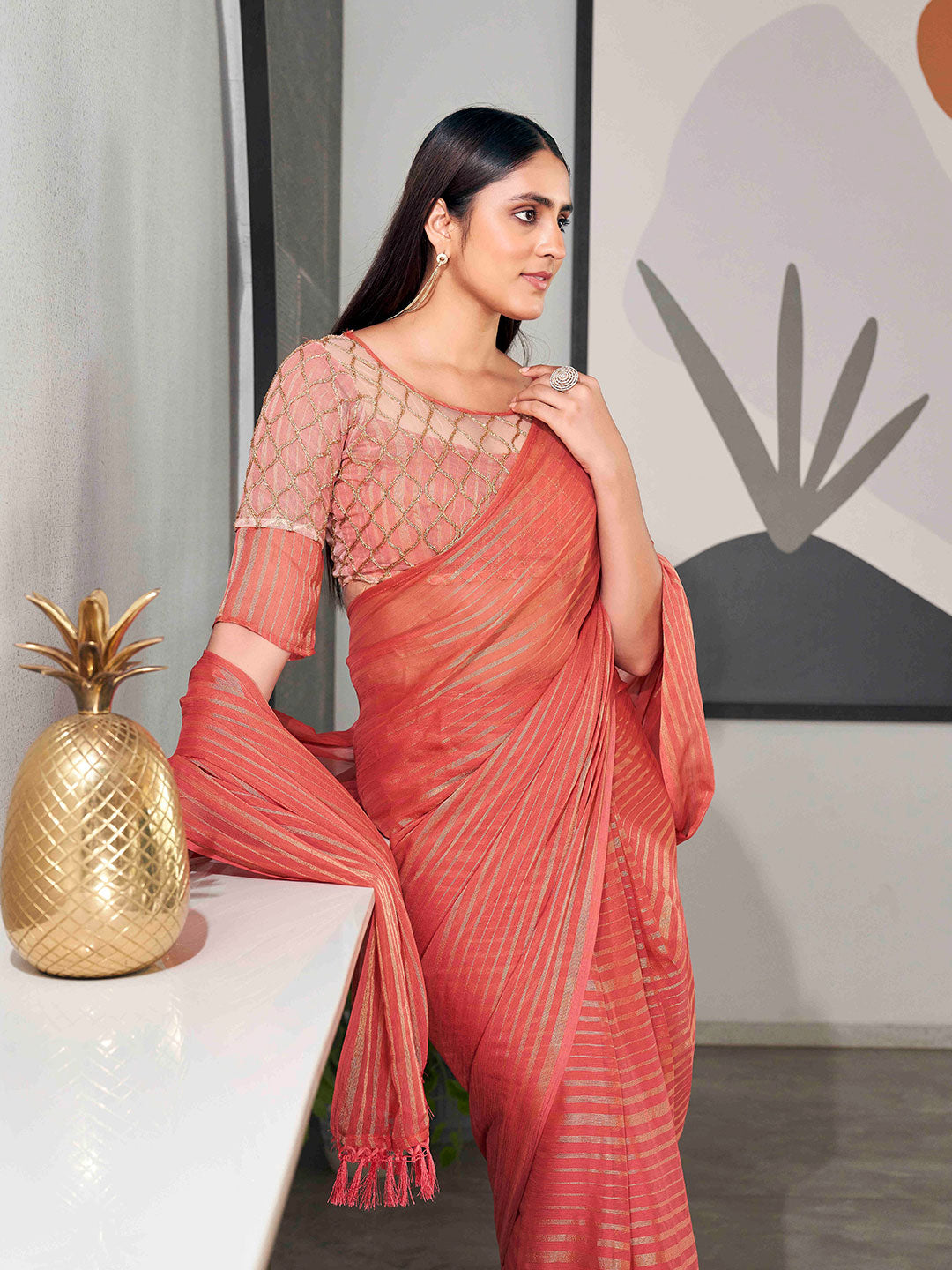 Tikhi Imli Striped Chiffon Ready to Wear Saree