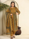 Yufta Mustard Pure Cotton Kantha Work Kurta Dupatta Pant Set With Handwork