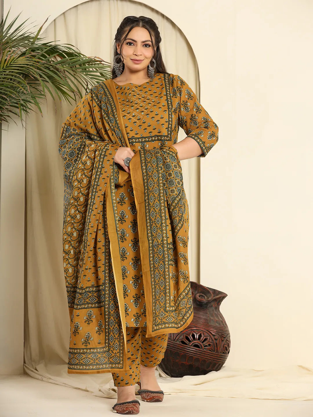Yufta Mustard Pure Cotton Kantha Work Kurta Dupatta Pant Set With Handwork