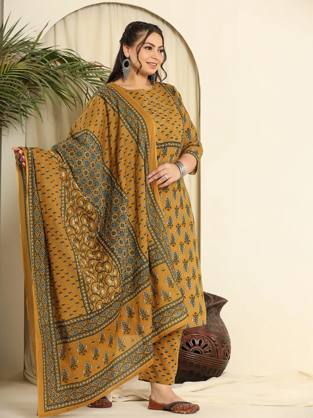 Yufta Mustard Pure Cotton Kantha Work Kurta Dupatta Pant Set With Handwork