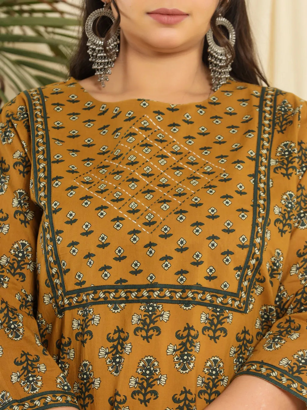 Yufta Mustard Pure Cotton Kantha Work Kurta Dupatta Pant Set With Handwork