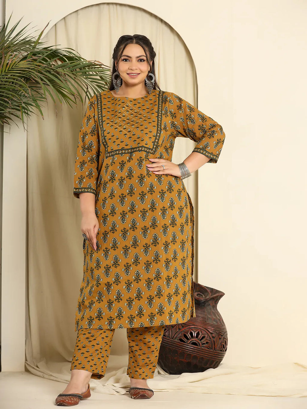 Yufta Mustard Pure Cotton Kantha Work Kurta Dupatta Pant Set With Handwork