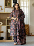 Yufta Pure Cotton Black Plus Size Kurta Dupatta Pant Set