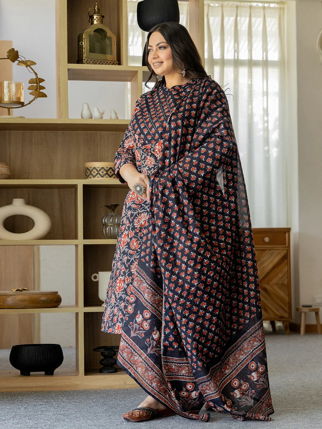 Yufta Pure Cotton Black Plus Size Kurta Dupatta Pant Set