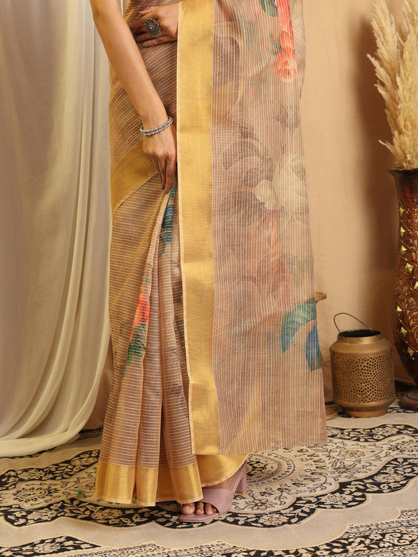 Shivam Fabrics Beige Chanderi Fabric Printed Saree
