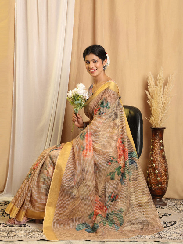 Shivam Fabrics Beige Chanderi Fabric Printed Saree