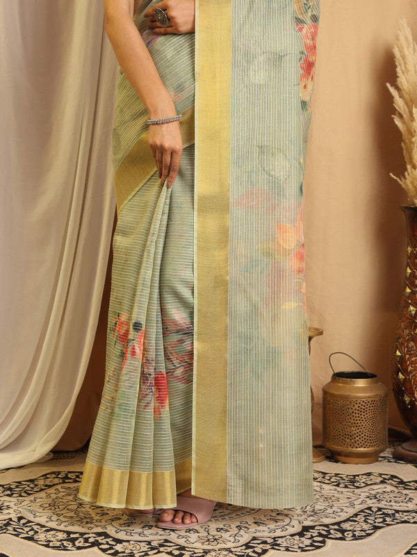 Shivam Fabrics Green Chanderi Fabric Printed Saree