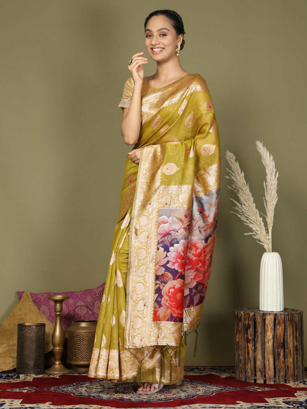 Shree Shyam Fashion Linen Cotton Mhendi Green Saree