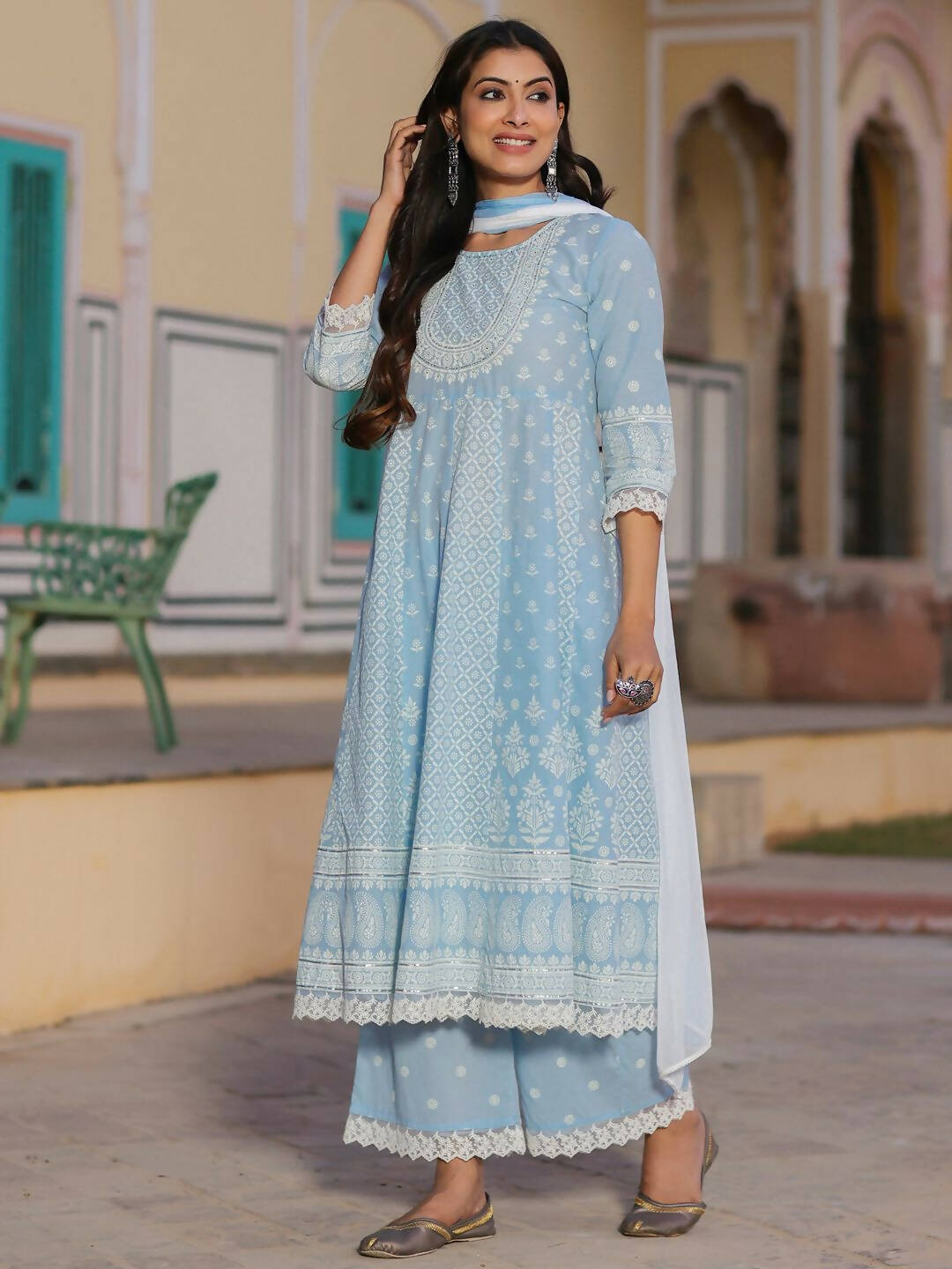 Juniper Women's Powerblue Cambric Floral Printed Anarkali Kurta Sets