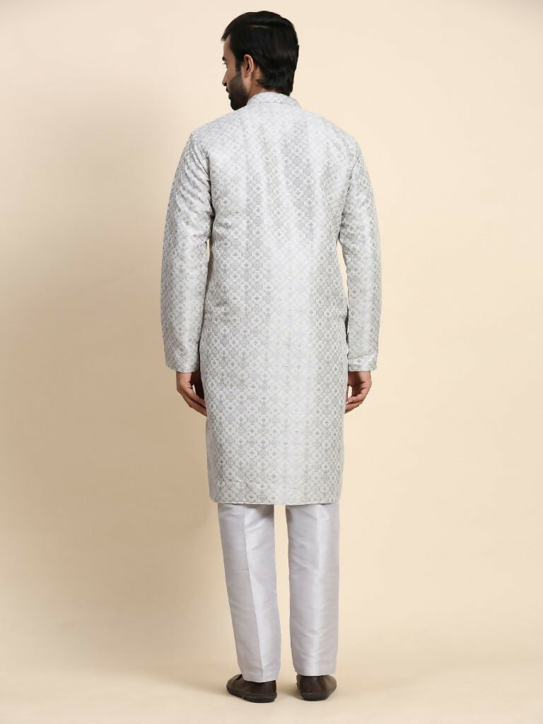Grey Viscose Jacquard Woven Jacquard Designer Men's Rajwadi Kurta Set - Mahotsav